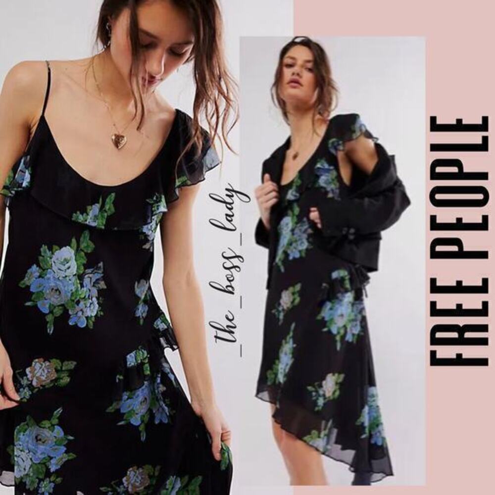 Free People dress midi asymmetrical floral chiffon ruffles
